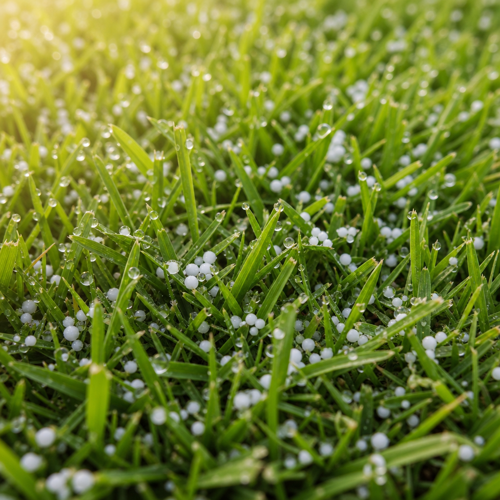 Gránulos de urea 46% sobre hojas de grama Bermuda verde en jardín nicaragüense