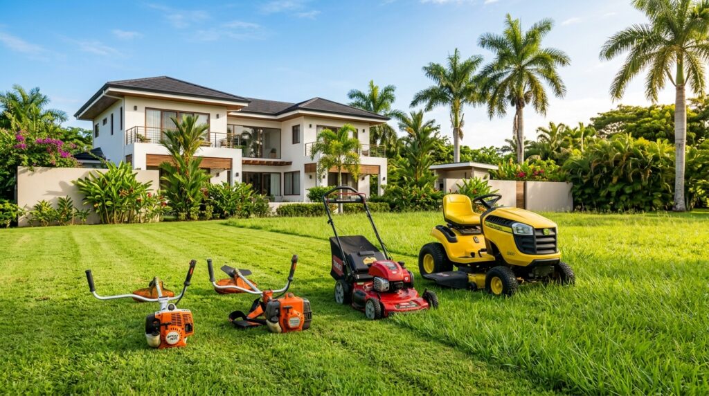 Cuatro herramientas para cortar grama — orilladora, desbrozadora, cortadora y tractor — sobre un jardín de grama San Agustín en Nicaragua
