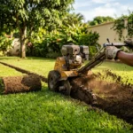 Zanjadora abriendo zanja angosta en jardin residencial mientras la alfombra de grama queda lista para reponerse — Venta de Grama Nicaragua